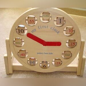 Rare and Discontinued Pottery Barn Kids My First Clock - Red and Natural Wood